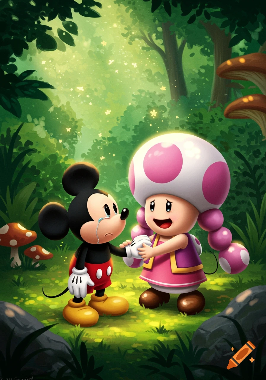 Mickey Mouse crying in a forest, comforted by Toadette in a vibrant cartoon style.