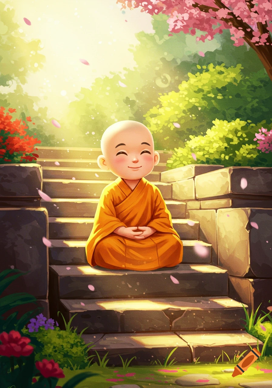 A cute young cartoon monk with a shaved head and orange robes sits smiling, meditating on stone steps amidst blooming flowers and bright sunlight.