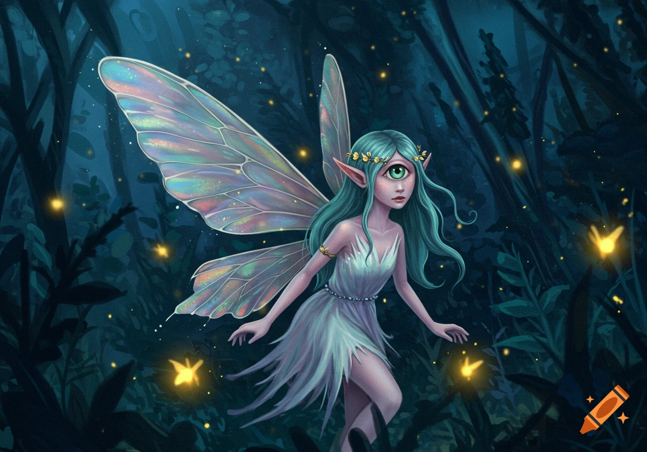 A one-eyed fairy with iridescent wings and teal hair stands in a dark, mystical forest with glowing fireflies.
