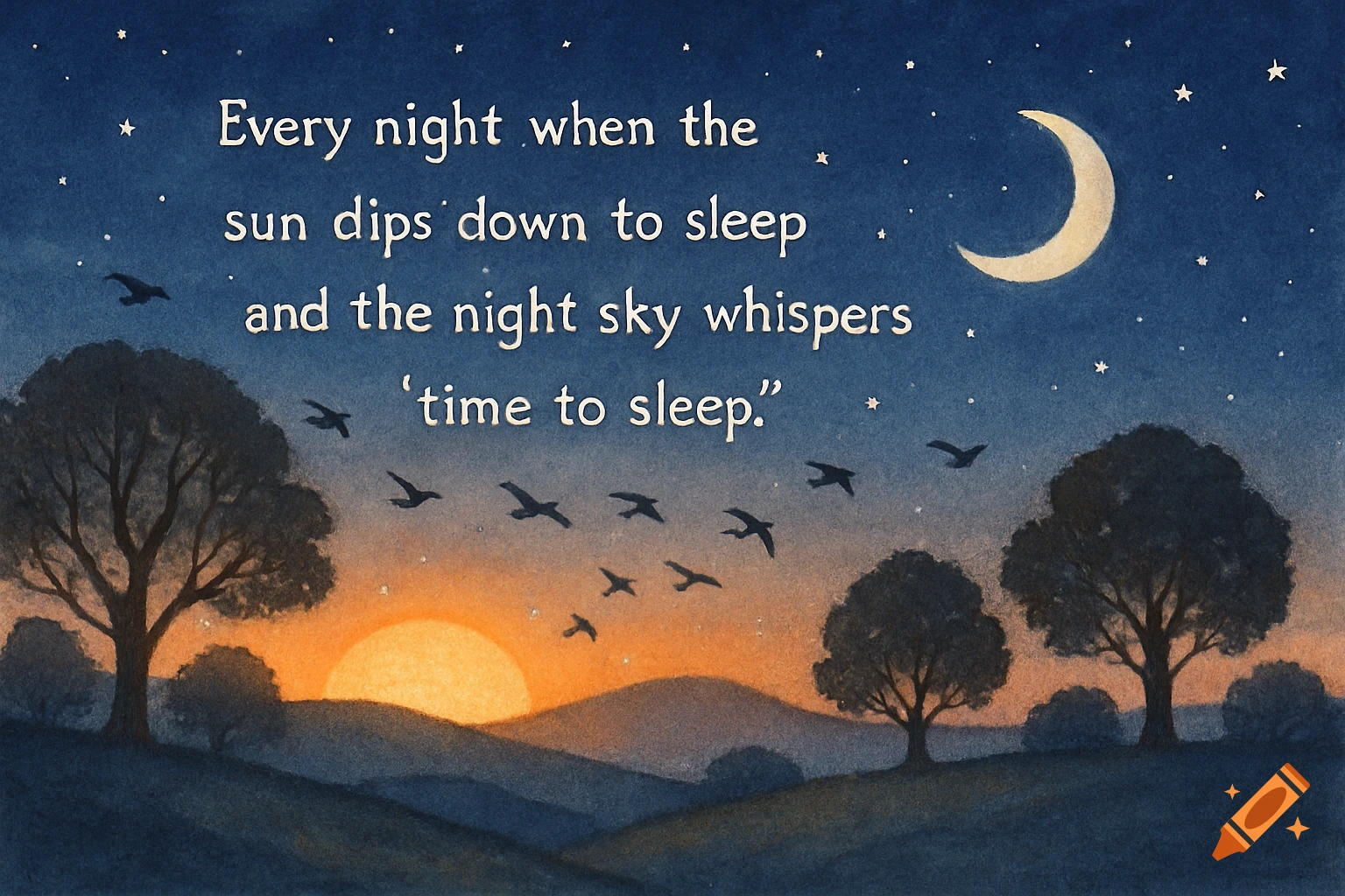 Watercolor illustration of a sunset over hills, with silhouetted trees, birds, a crescent moon, and stars. Text about sleep.