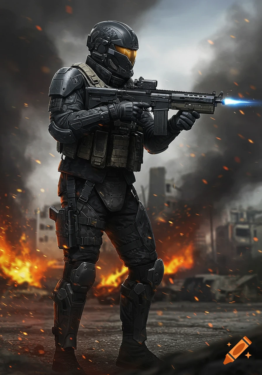 A futuristic soldier in black combat gear and a helmet with a gold visor holds a rifle, standing amidst fire and smoke.