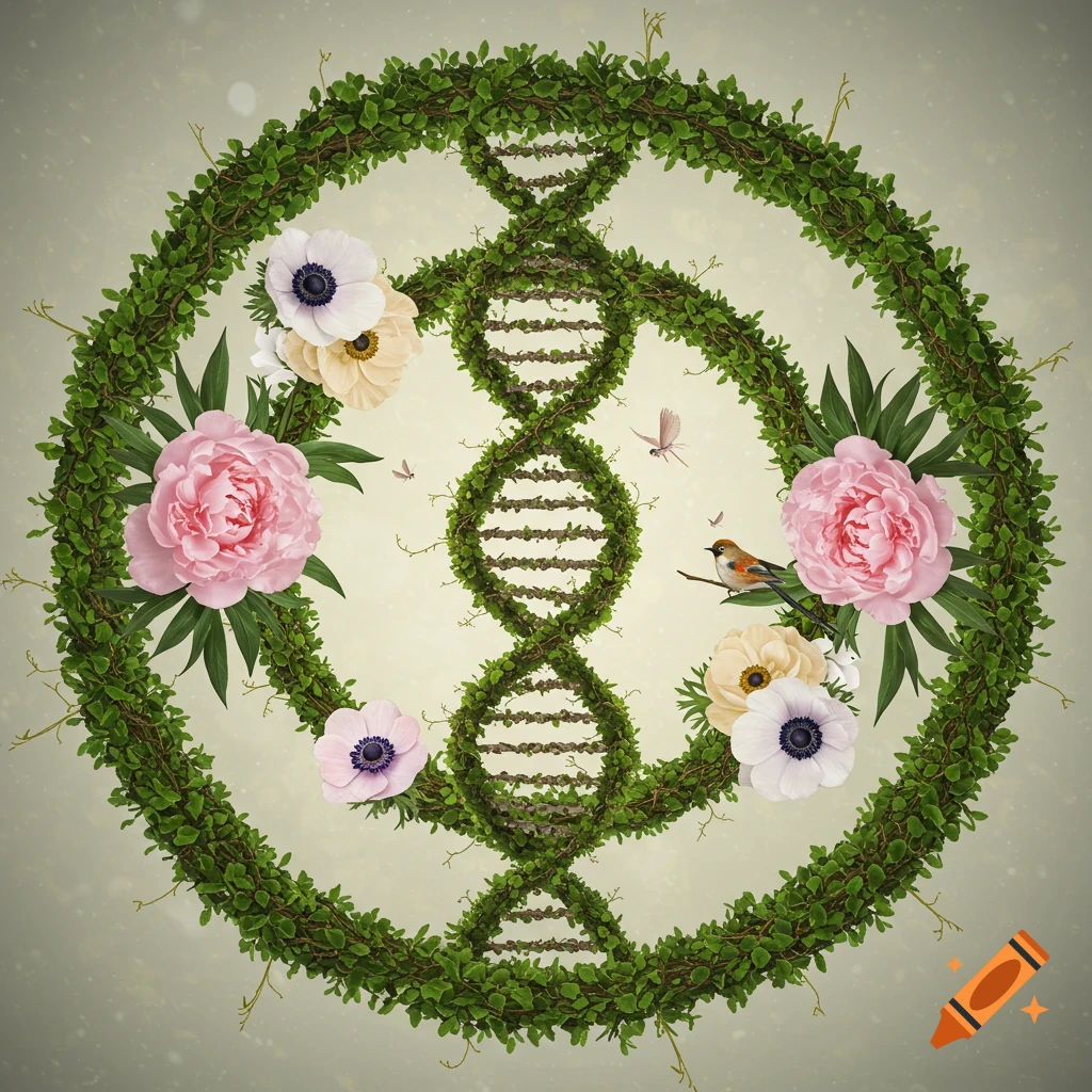 Green ivy forms a circle and a DNA helix, adorned with pink peonies, white anemones, and a bird.