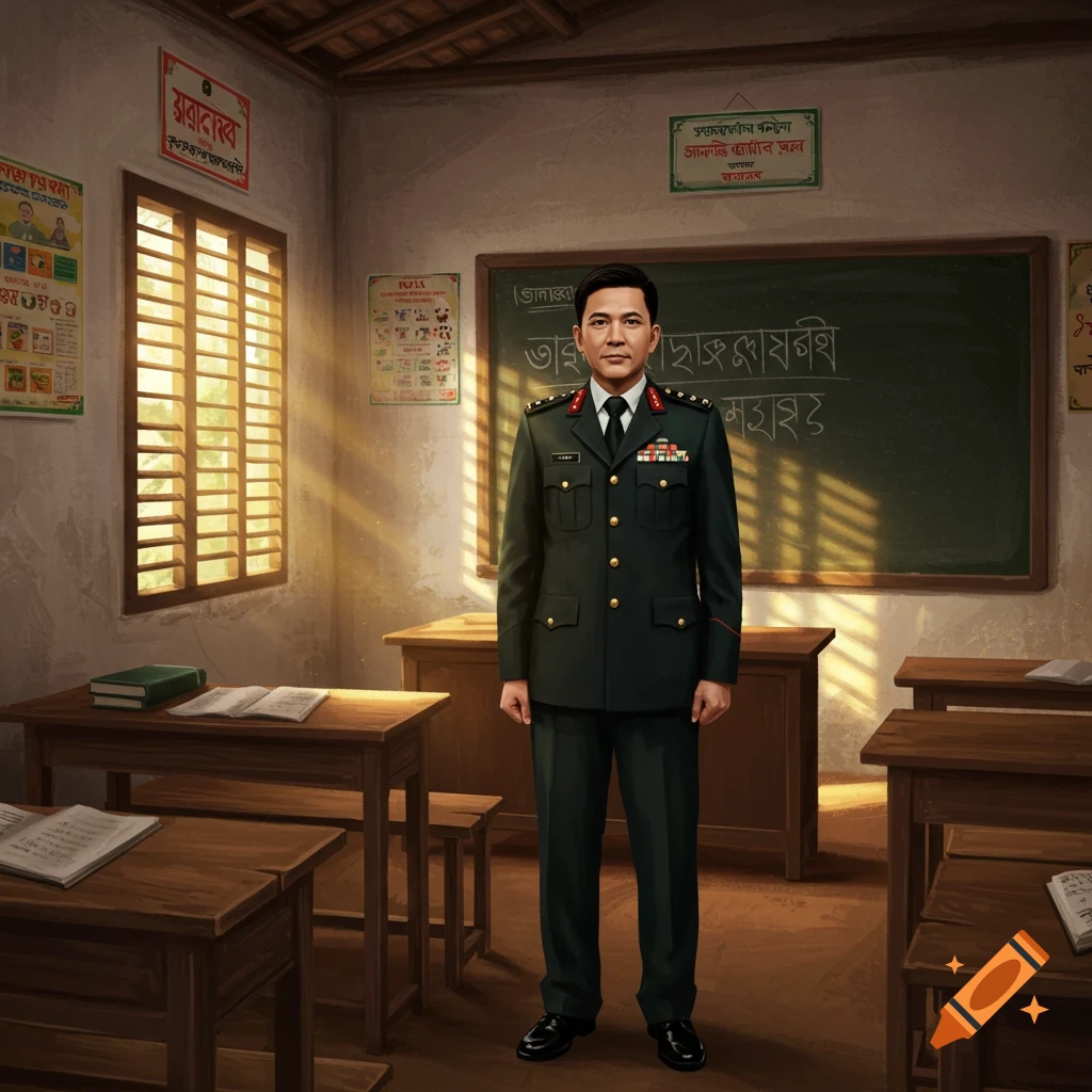 A man in a military uniform stands in a village school classroom with a blackboard and desks.