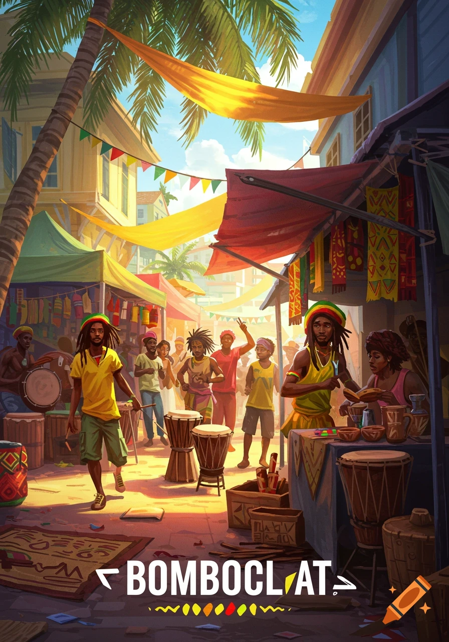 A vibrant market scene with people, many wearing Rasta hats, playing drums and milling around colorful stalls under a sunny sky. The word 'BOMBOCLAT' is at the bottom.