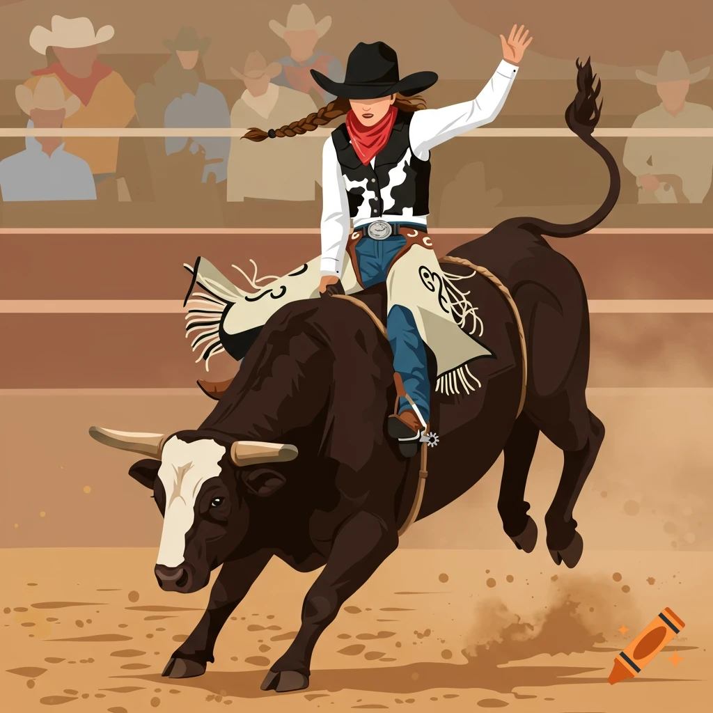 A cowgirl with braids, wearing a black hat and cowhide vest, rides a bucking bull in a rodeo arena in an illustrated style.