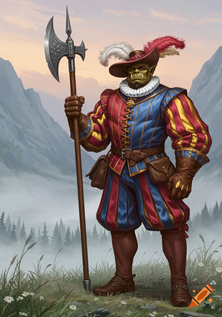 A fantasy illustration of a green-skinned orc in colorful Landsknecht clothing and a feathered hat, holding a halberd, standing on a grassy hill.