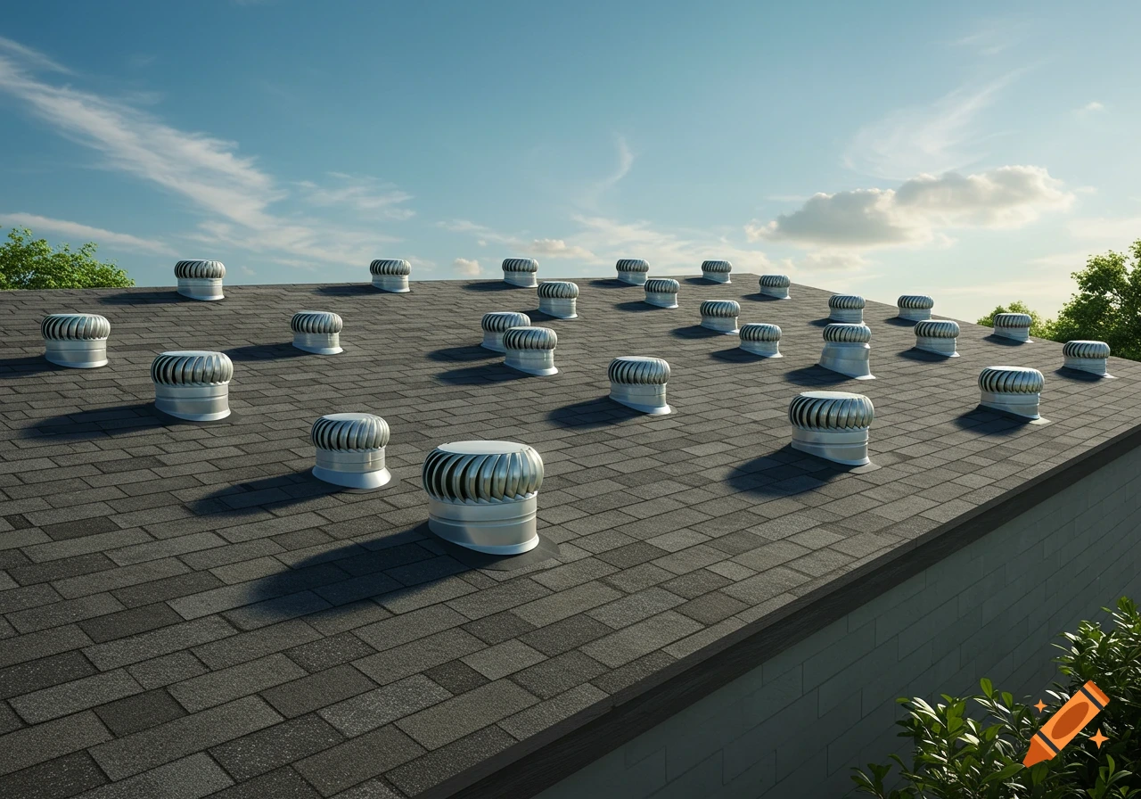 Photorealistic image of a gray shingle roof covered with many shiny silver turbine vents under a blue sky.