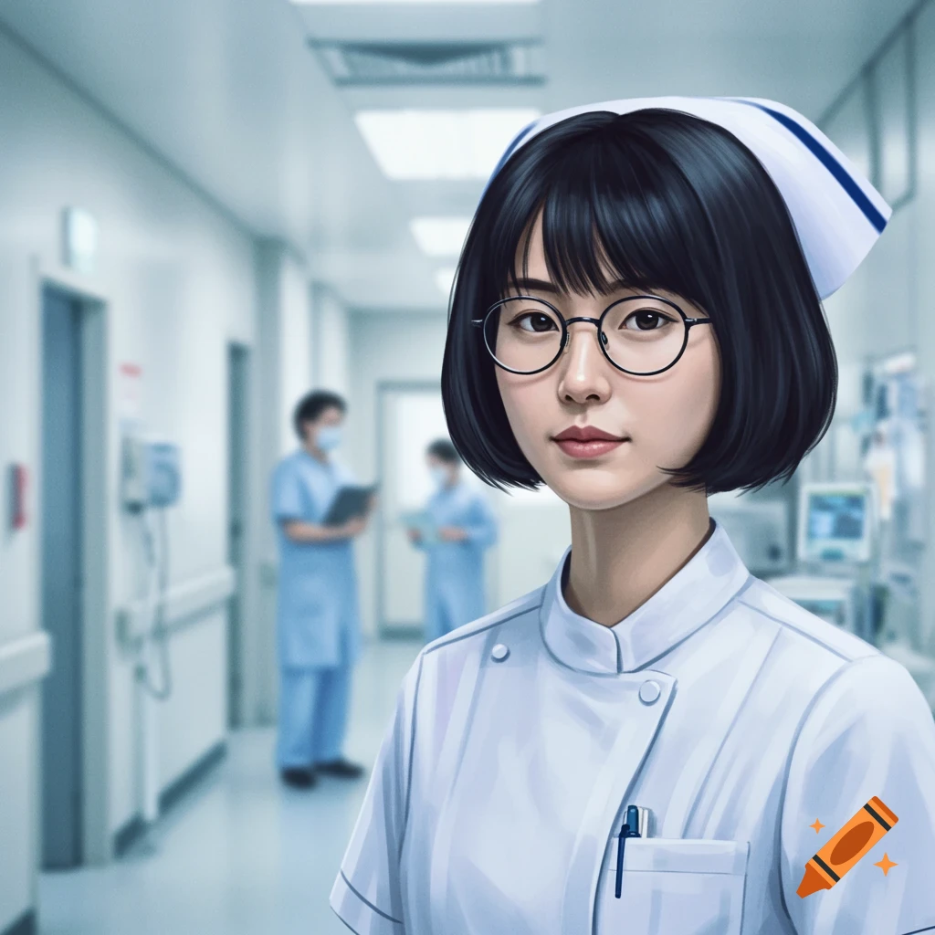 Digital art portrait of a young female nurse with short bob hair and round glasses in a hospital hallway.