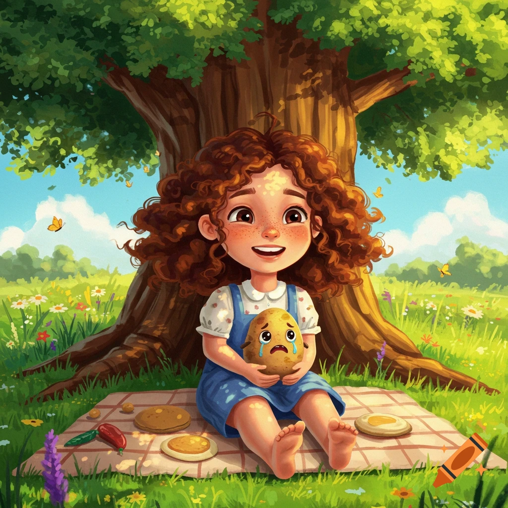 Happy cartoon girl with red curly hair sits under a tree, holding a crying potato on a picnic blanket in a field.