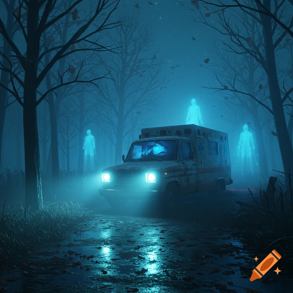 An old, rusty ambulance with glowing headlights sits on a muddy forest path, surrounded by several glowing blue ghostly figures in a dark, misty woods.