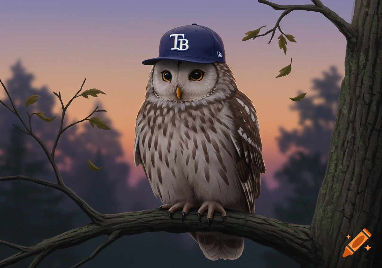 An owl wearing a blue baseball cap with a 'TB' logo, perched on a tree branch against a sunset sky.