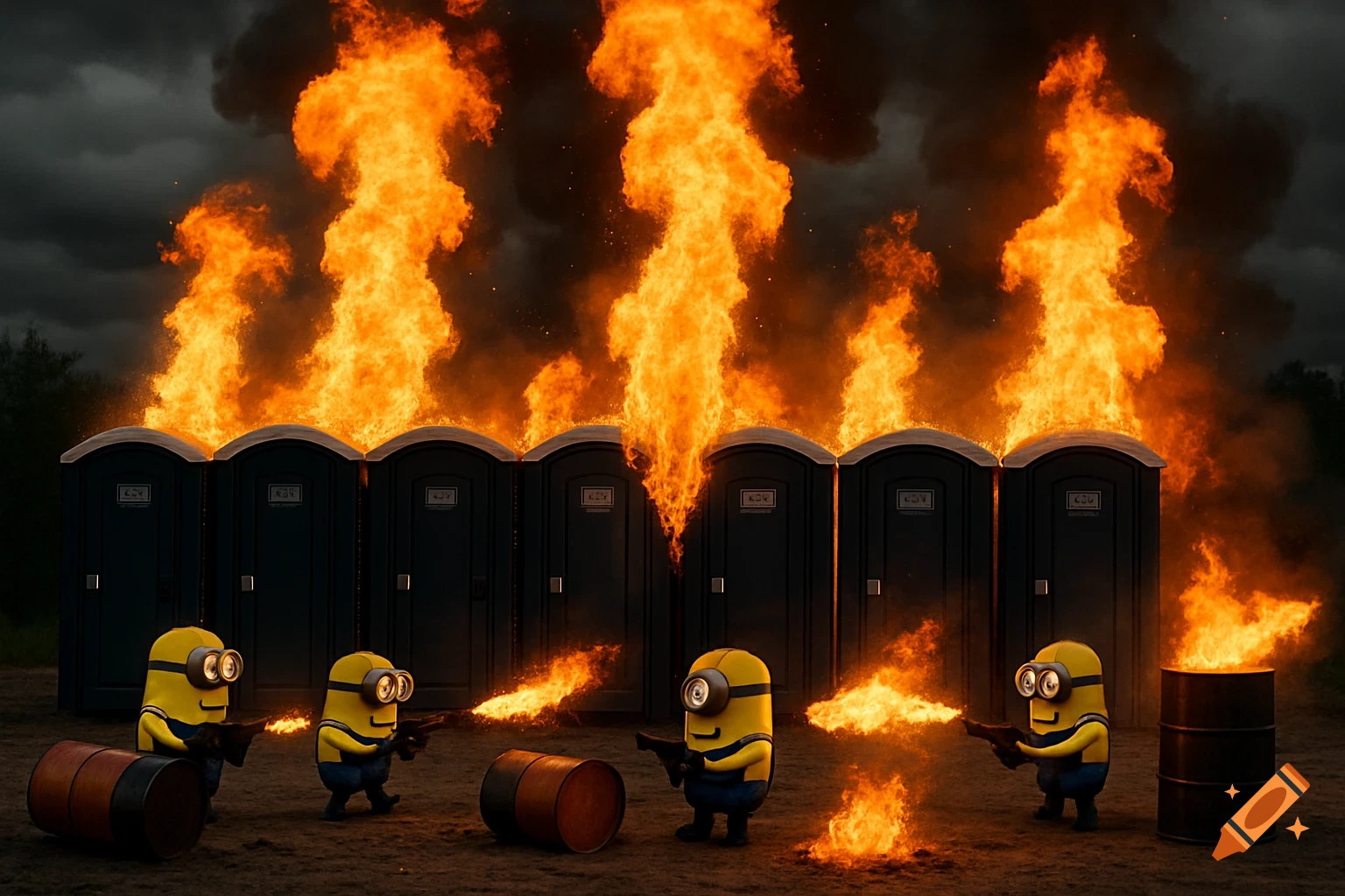 Minions with flamethrowers set portable toilets and barrels ablaze under a dark sky in a dramatic, photorealistic image.