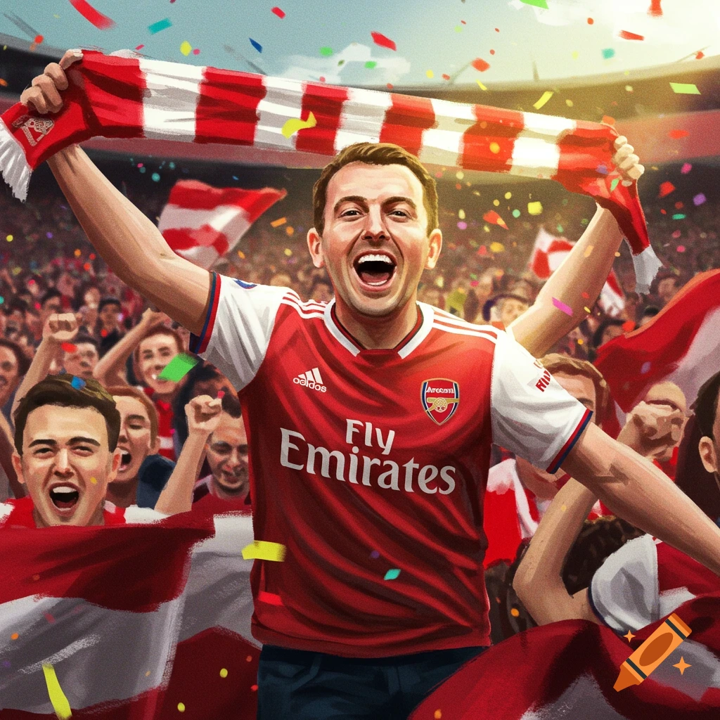 A jubilant Arsenal football fan holds a scarf overhead, celebrating in a stadium amidst confetti and a cheering crowd in a painted style.