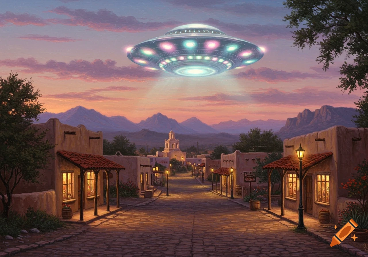 A brightly lit UFO hovers above a quaint Southwestern town at sunset, depicted in a warm, idyllic painting style.