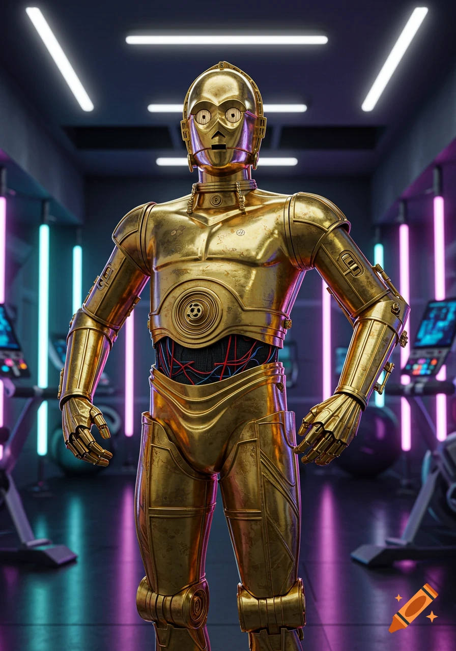 Photorealistic C-3PO with a muscular, bodybuilder physique stands in a futuristic gym with neon lights.