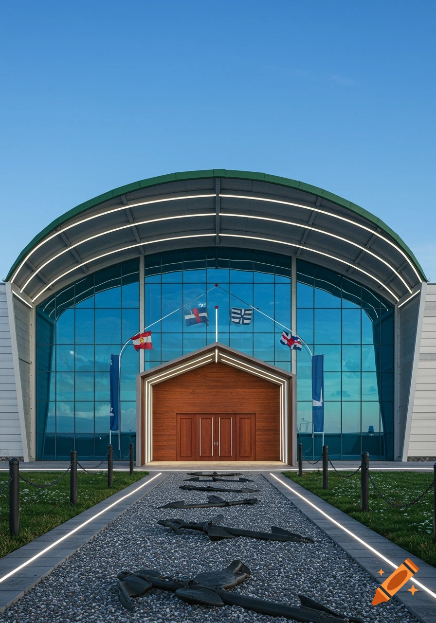 A modern building with a green arched roof and blue glass facade, featuring a wooden entrance and a pathway adorned with anchor sculptures.
