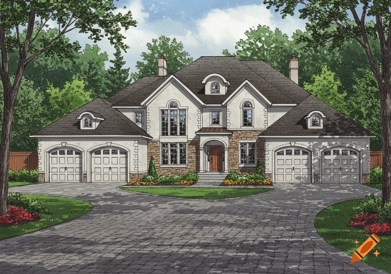 An architectural illustration of a large white house with stone accents, two attached two-car garages, and a paved circular driveway, surrounded by green trees and landscaping under a blue sky.
