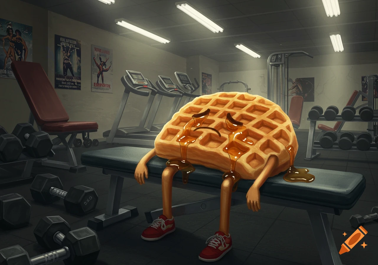 A sad, anthropomorphic waffle with syrup tears sitting on a weight bench in a gym.