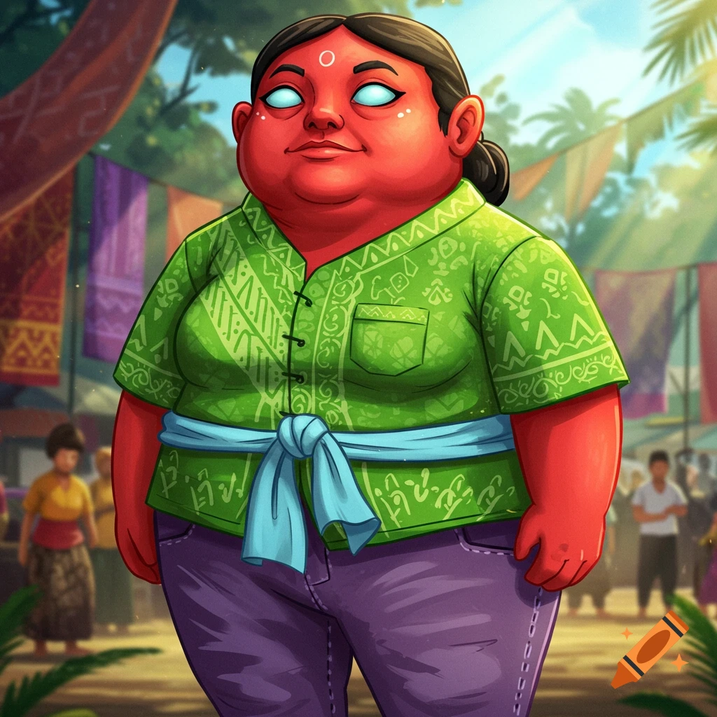A stylized, plump character with red skin and glowing blue eyes, wearing a green patterned shirt, blue sash, and purple pants, stands in a vibrant outdoor market.