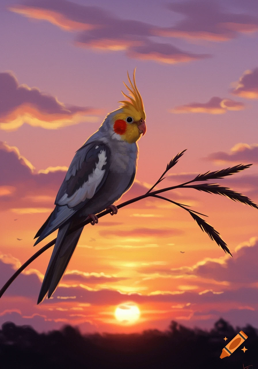 A cockatiel with yellow crest and orange cheek patches perches on a branch against a vibrant purple and orange sunset sky.
