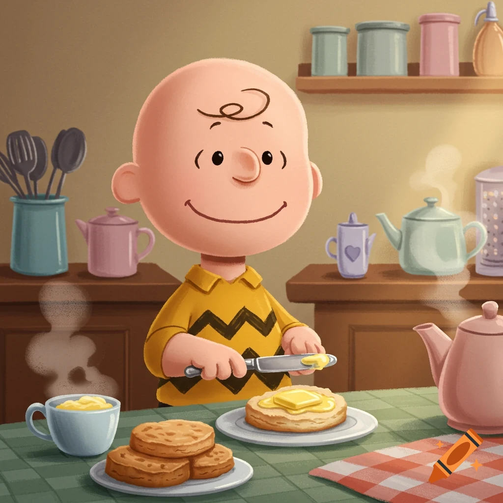 Charlie Brown smiles while spreading butter on a biscuit at a kitchen table with other biscuits and teapots.