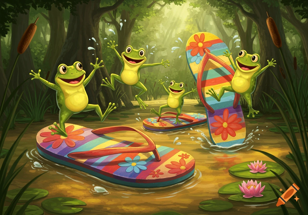 Happy cartoon frogs jump and play on colorful flip-flops in a sunlit swamp with water lilies.
