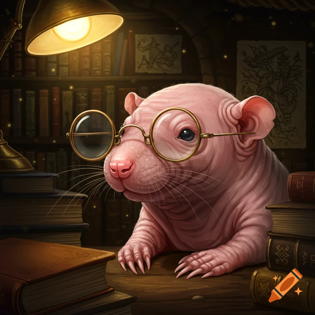 A detailed illustration of a naked mole rat wearing round glasses, sitting among stacks of books in a dimly lit library under a desk lamp.
