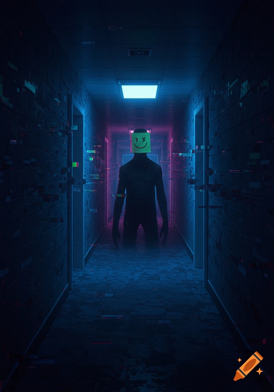 A dark, blue and pink lit hallway with glitching walls. A shadowy humanoid figure with a lime green sticky note for a head, featuring a simple smiling face, stands at the end.