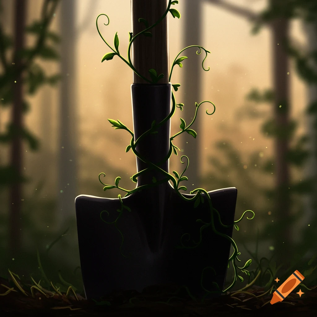 Stylized image of a dark spade with green vines wrapped around its handle, set against a blurred, sunlit forest background.