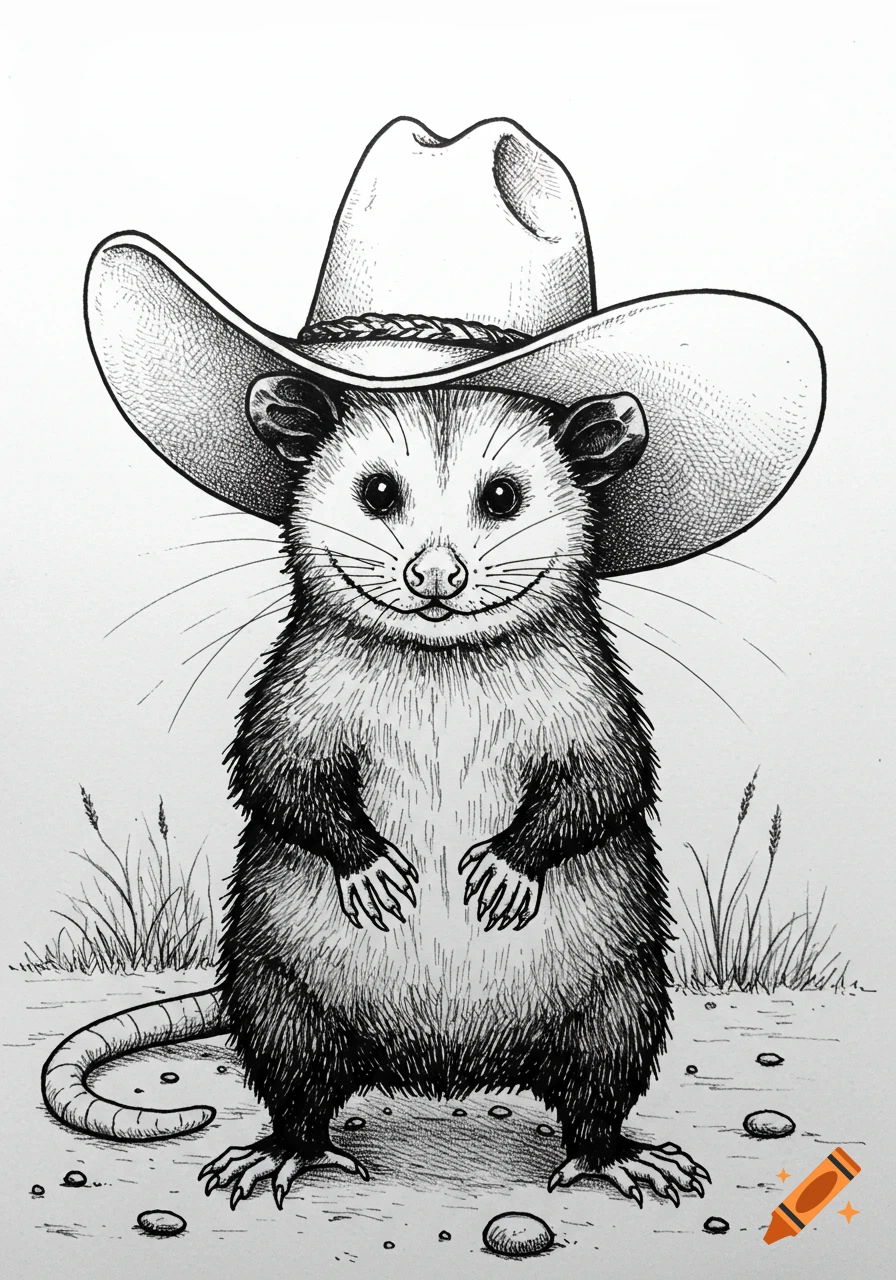 Black and white fine line drawing of a cute opossum standing upright and wearing a cowboy hat.