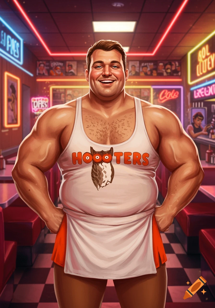 A smiling, muscular but chubby man wearing a white Hooters tank top and orange shorts, posing in a diner with neon lights.