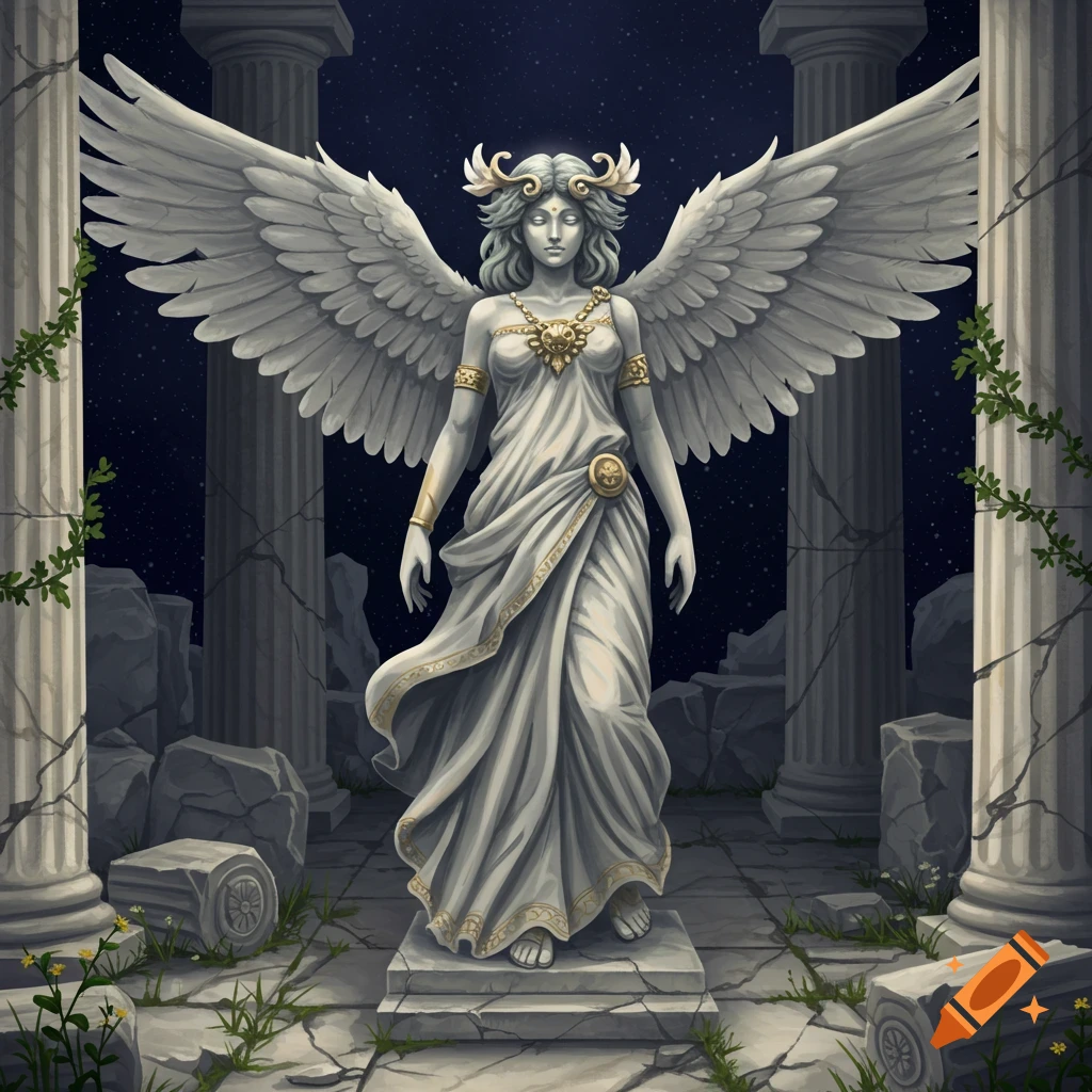 A white marble statue of a winged woman with a crown and gold adornments stands among broken pillars under a starry night sky.