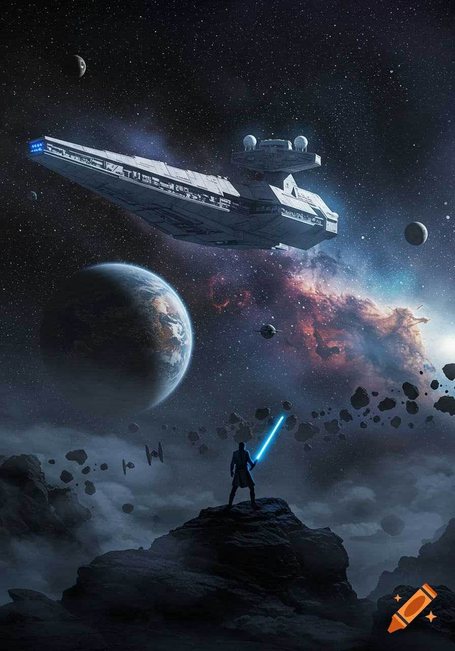 A lone figure with a blue lightsaber stands on a rocky peak, looking at a large spaceship, planets, and a nebula in space.