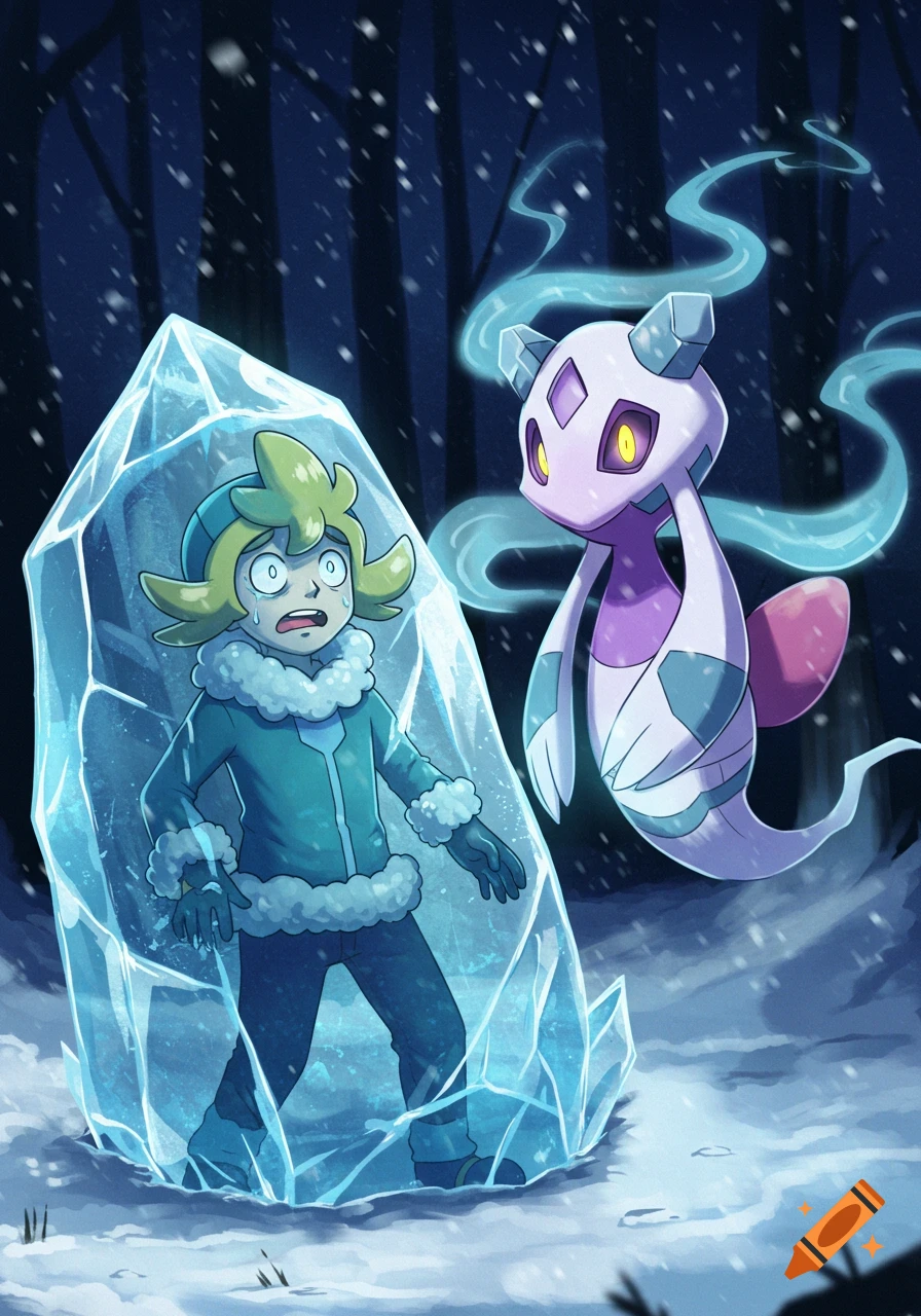 Anime style image of Perrin from Pokémon frozen in a large ice block, while Froslass floats beside him in a snowy forest.