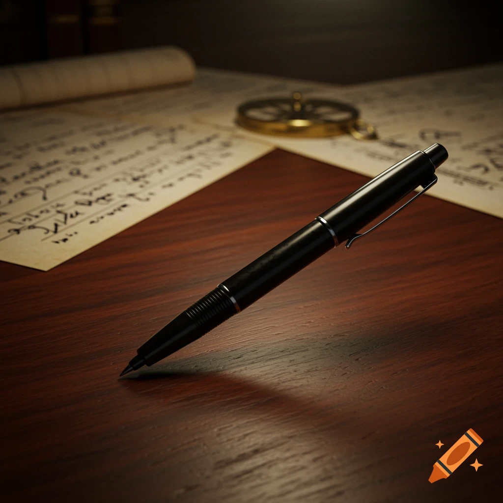 A black pen rests on a dark wooden desk next to an old paper with blurred writing and a golden compass-like object.