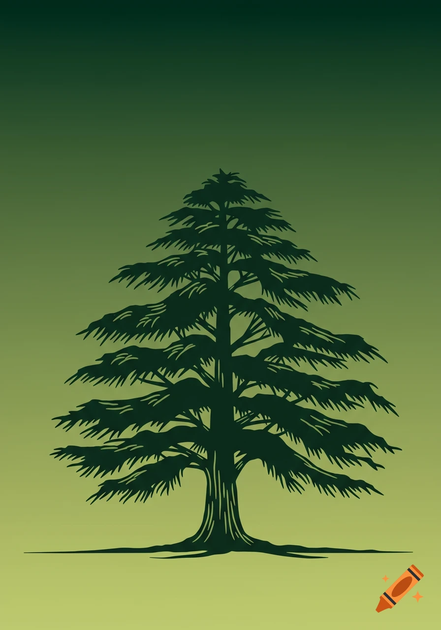 Dark green silhouette of a cedar tree on a gradient green background, vector illustration.