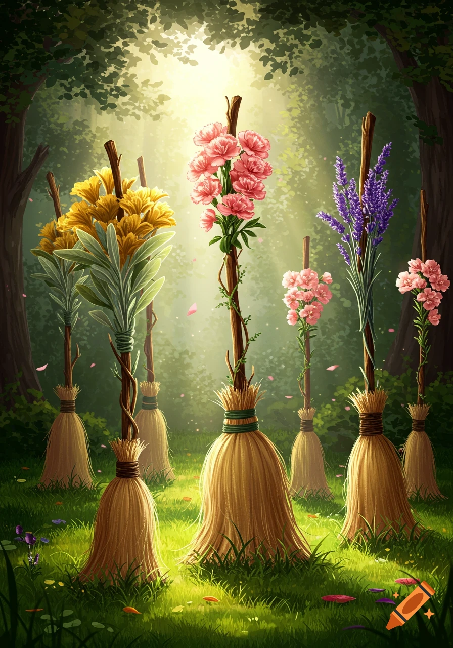 Illustrated brooms with wooden handles blossoming into bouquets of yellow, pink, and purple flowers stand in a sunlit forest.