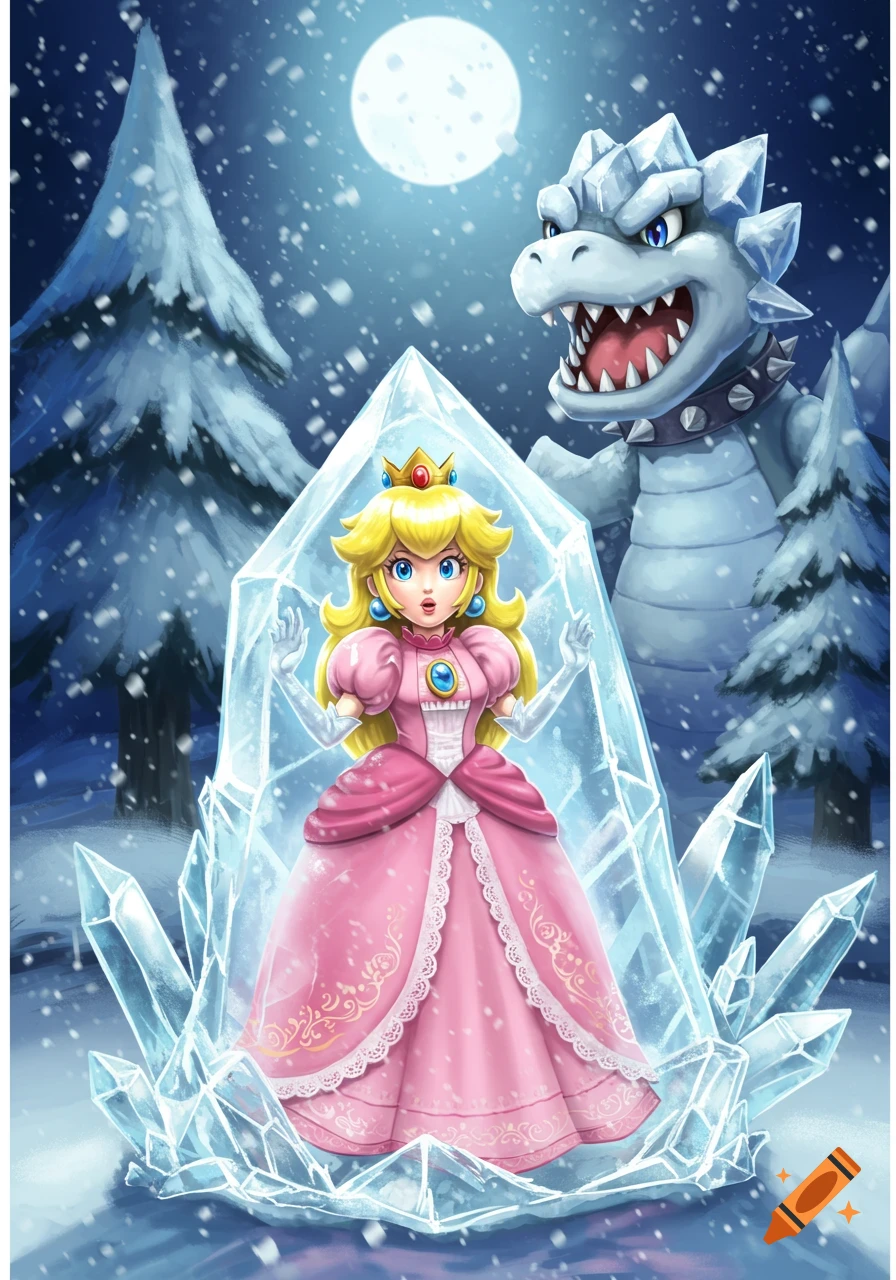 Princess Peach frozen in a block of ice with Blizzaurus menacingly behind her in a snowy, moonlit forest, video game illustration style.