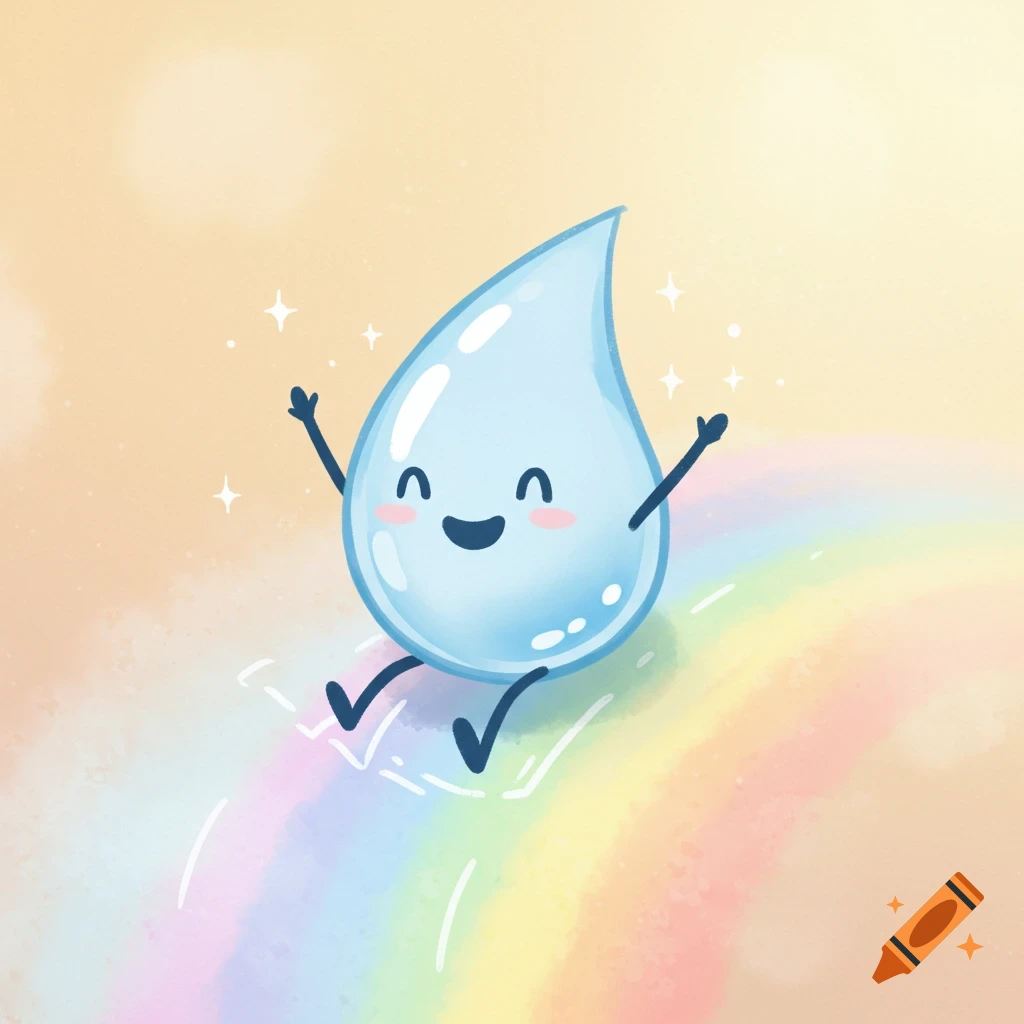 A cute, smiling light blue cartoon water droplet with arms and legs slides down a pastel rainbow in a hand-drawn watercolor style.