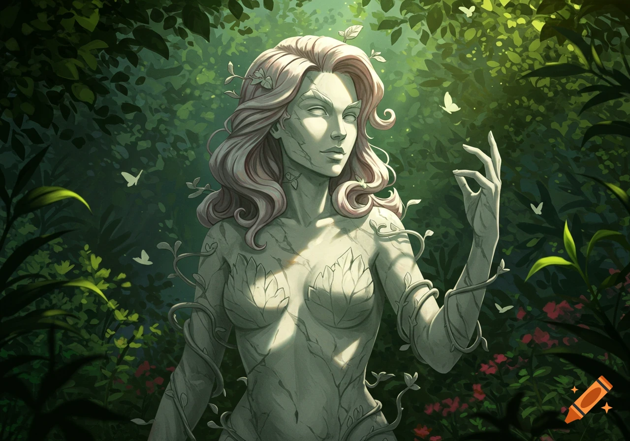 A statue-like woman with wavy hair and vine-like carvings stands in a lush green forest, surrounded by butterflies.