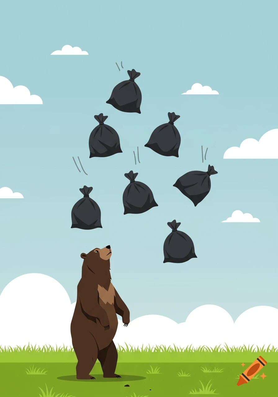 Brown bear stands in a green field, looking up at black trash bags falling from a blue sky with clouds, in an illustration style.