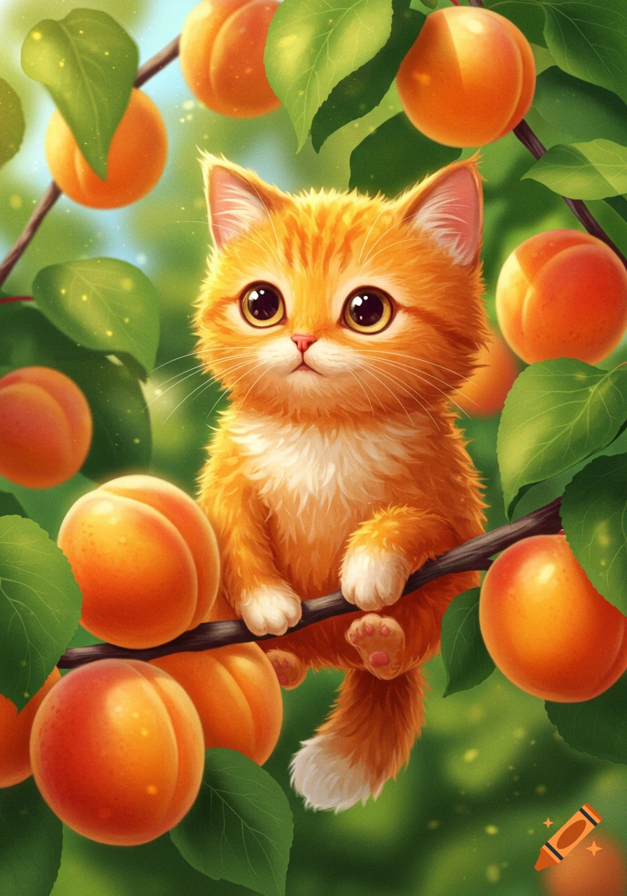 A cute cartoon orange tabby kitten with large eyes sits on a tree branch surrounded by ripe apricots and green leaves.