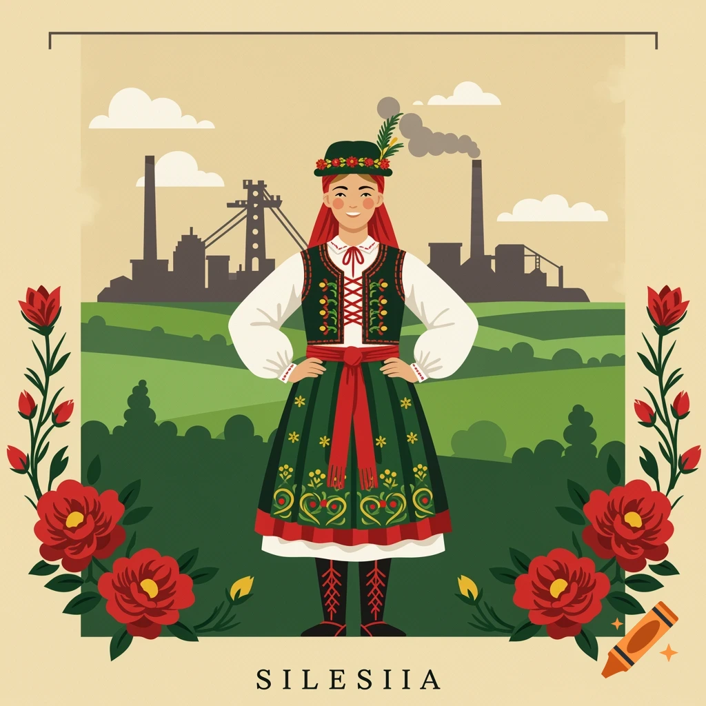 A stylized illustration of a woman in traditional Polish Silesian folk costume standing in a landscape with industrial buildings.