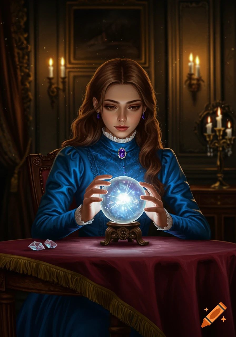 A Victorian woman in a blue dress gazing into a glowing crystal ball on a red table in a candlelit room, digital painting.
