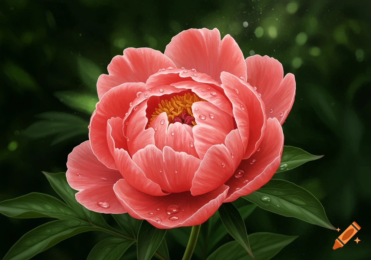 A vibrant pink peony flower covered in water droplets with a dark green blurred background, in a digital art style.