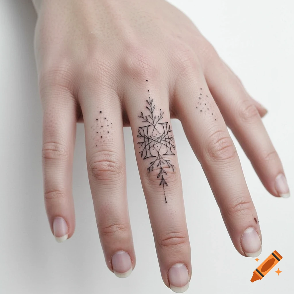 Close-up of a hand with a minimalist black fine line tattoo featuring stylized H shapes and leafy patterns on the middle finger.