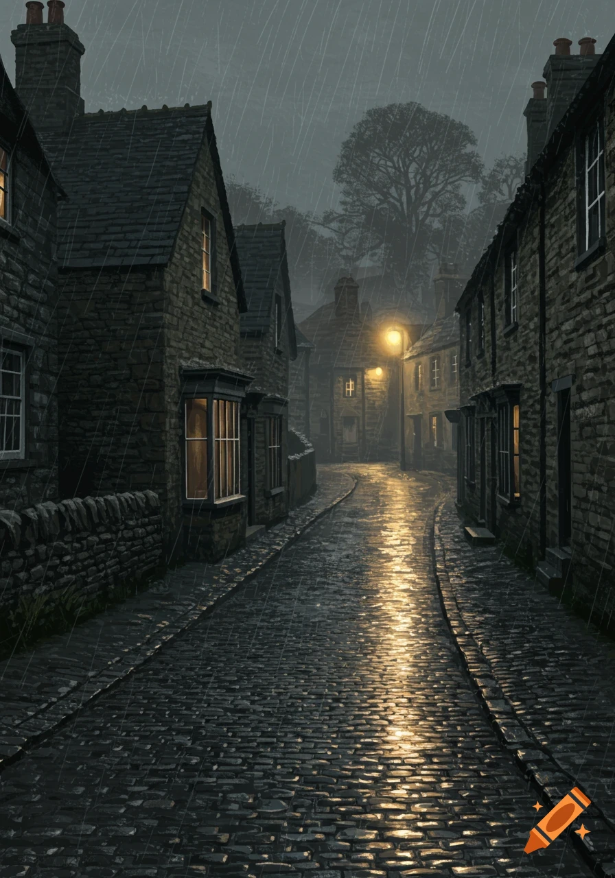 A photorealistic image of a dark, rainy Northern English village street with stone houses and glowing streetlights reflecting on wet cobblestones.