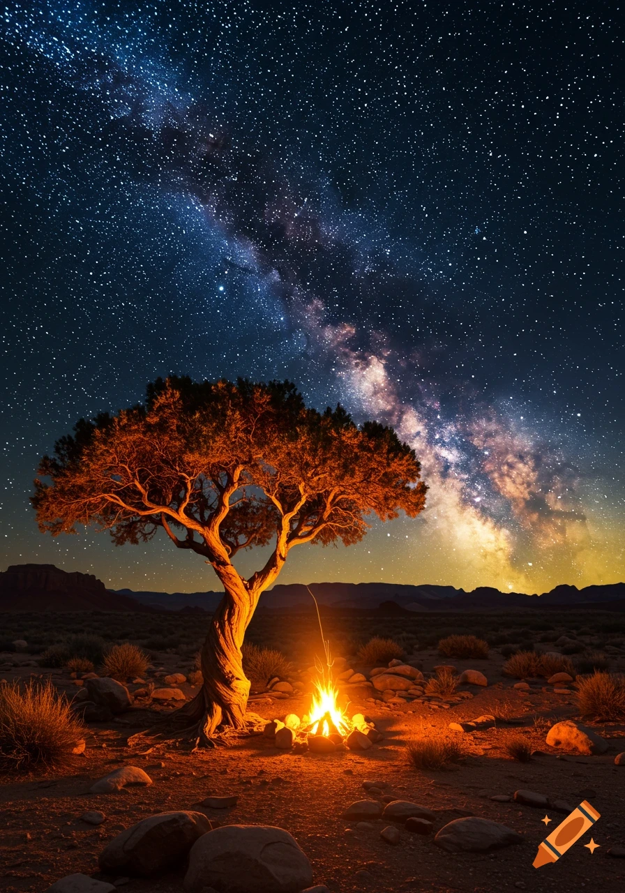 A desert landscape at night with a gnarled tree, a glowing campfire, and the Milky Way stretching across the starry sky.