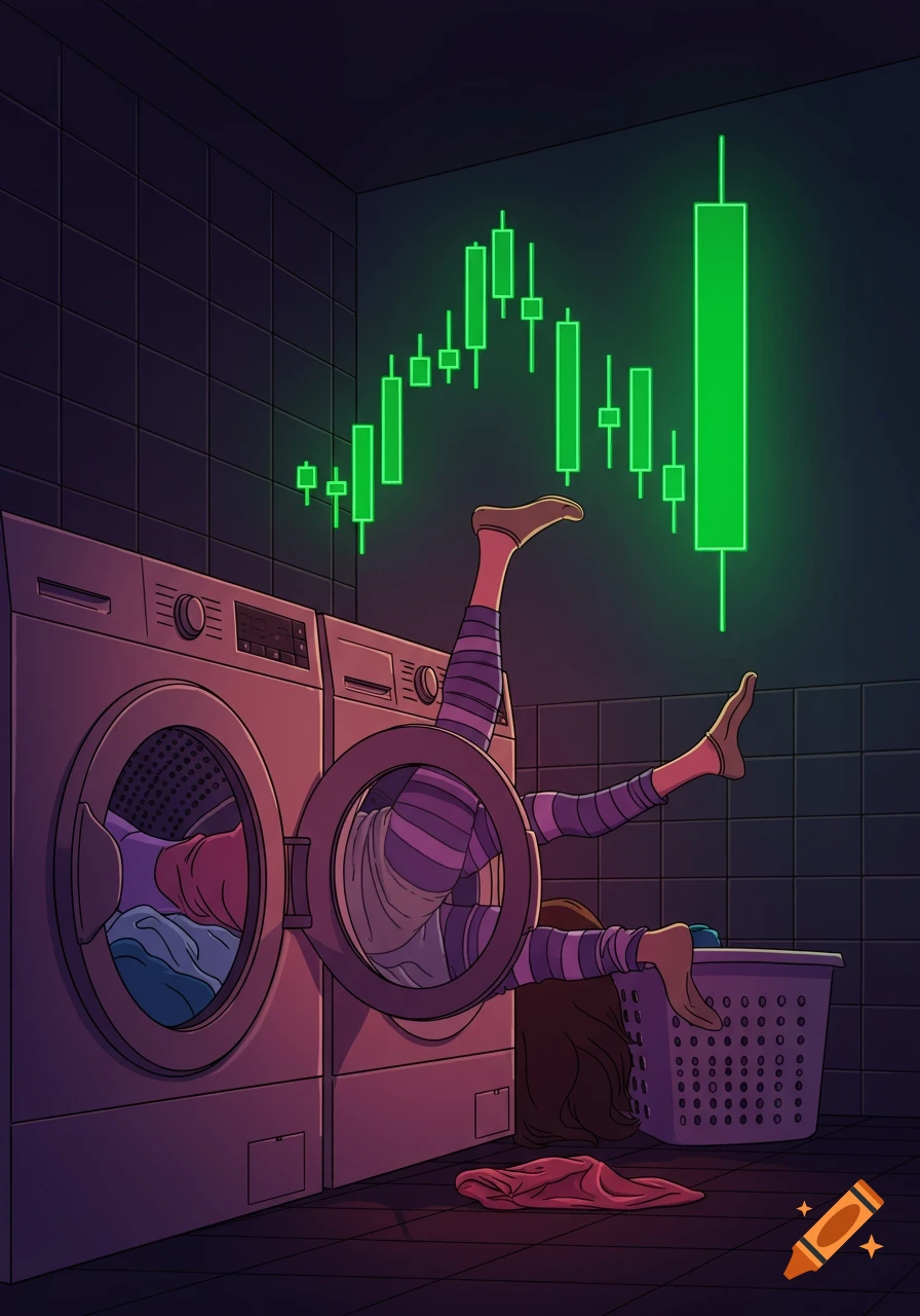 Cartoon of a person's lower body sticking out of a washing machine, with a large green crypto candlestick chart glowing on the dark laundry room wall.