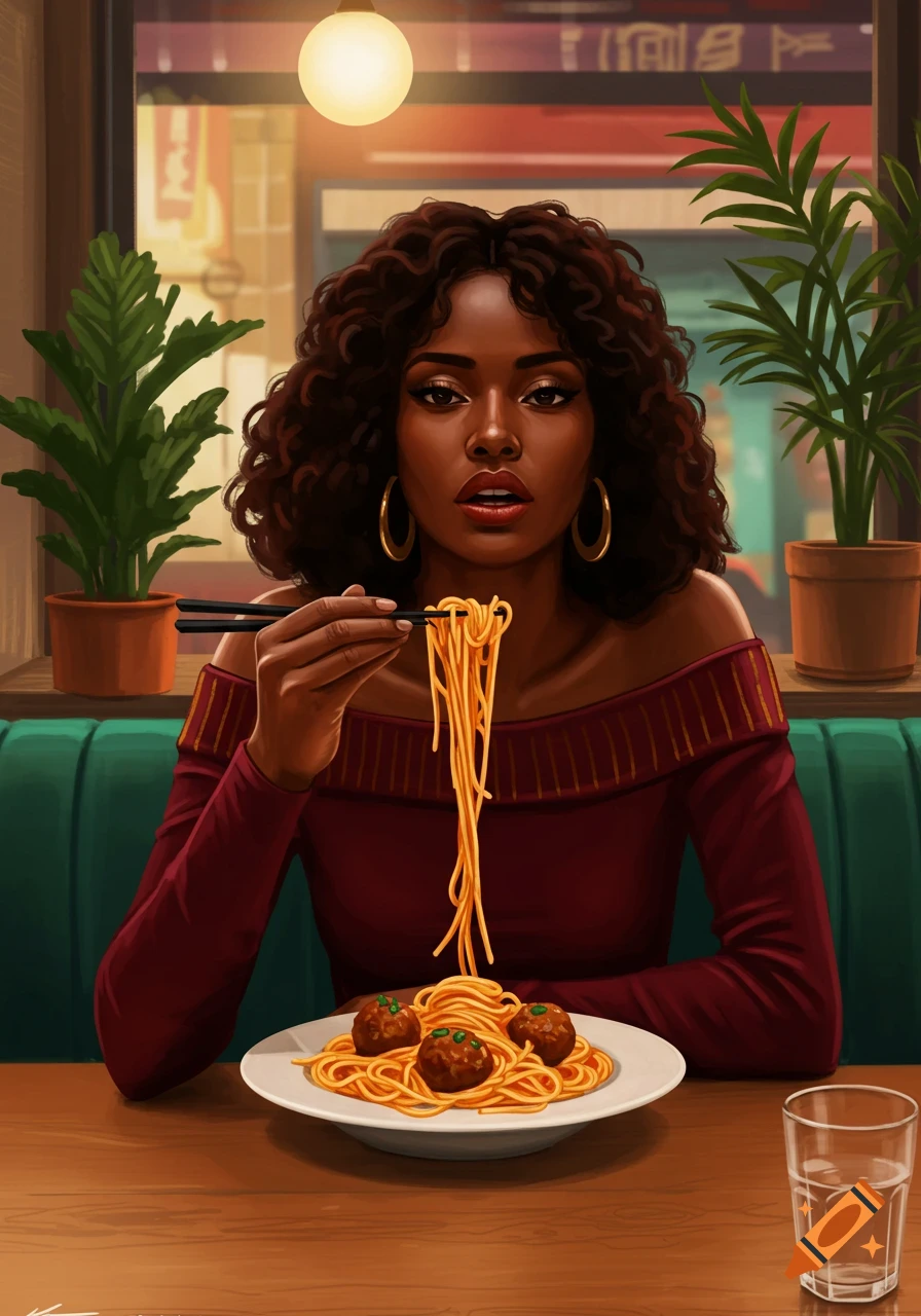 Digital art portrait of a Black woman eating spaghetti and meatballs with chopsticks in a restaurant setting.